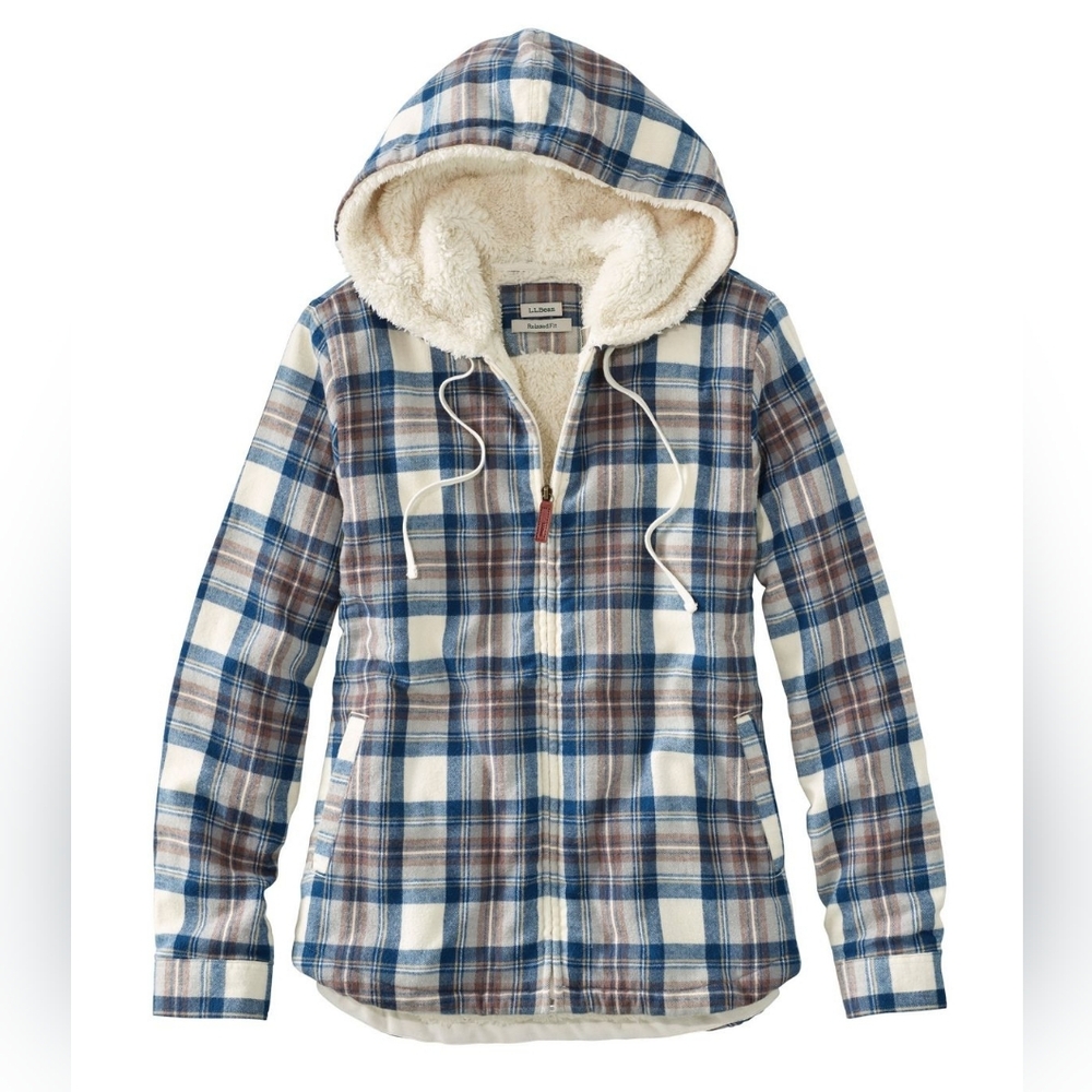 L.L.Bean Scotch Plaid Sherpa-Lined Zip Hoodie Jacket – Size L – Indigo Tartan